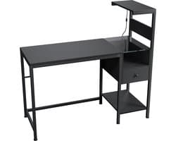 Bureau - Game Bureau - Computerbureau met stopcontact en opbergplanken - Tafel met USB-poorten en oplaadstation - Zwart - Computertafel