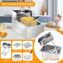 Elektrische friteuse van 5,5 l/11 l, gemakkelijk schoon te maken, commerciële friteuse van 2500 W met temperatuurregeling van 50-220 ° C, roestvrijstalen oliefriteuse voor frites 5.5+5.5L — thumbnail 2