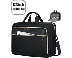 Twenty Two™ Laptoptas | schoudertas voor dames | zakelijke laptoptas | veel vakken met ritssluiting | groot compartiment | voor 17.3inch laptop | 43x15x32cm | afneembare schouderband | voor reizen, aktetas, kantoor, school | zwart/goud