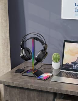 Intelectro Headset Stand - Schitterende Verlichting voor je Setup! - 2 USB Aansluitingen voor het Opladen van Apparaten - Plug & Play - Antislip Pads - TPU Rubberen Gedeelte om Krassen te Voorkomen - Zwart - Levering Sneller dan Aangegeven! — thumbnail 4