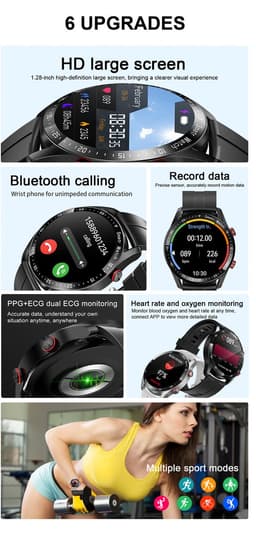 Knobbout Slimme Smartwatch met 1,28 inch Touchscreen- PPG als ECG hartslag- en hartfilamentmeting - ECG + PPG dubbele hartmonitor voor nauwkeurige gezondheidsbewaking - Bluetooth bellen en contacten synchronisatie - zwart staal+siliconen horlogeband — thumbnail 4