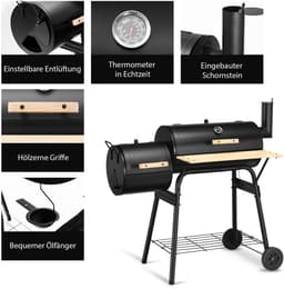 COSTWAY Houtskoolgrill met deksel, grillwagen met wielen, zijvuurbox, zijtafel, plank, houten handgrepen, thermometer, houtskoolgrill voor camping, terras, tuin — thumbnail 4