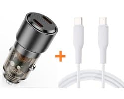 Autolader USB C 90W - 2 Poorten Type-C Snellader Met USB-C Naar USB-C Laadkabel - Sigarettenaansteker- 12v / 24v 12V / 24V Adapter Snellader 90W -USB lader - Zwart