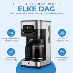NovaWare Koffiezetapparaat Filterkoffie - 1.5L – Met Glazen Kan & Herbruikbaar Filter - Koffiemachines - Display – 12 Kopjes – Zwart/RVS — thumbnail 5