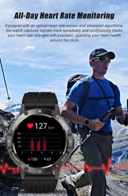 Knobbout 1.46”(3.7cm) Sportieve Smartwatch met LED Zaklamp – Bluetooth Bellen – HD Touchscreen (360×360) – 100+ Sportmodi – Hartslag, Bloeddruk & SpO₂ – IP68 Waterdicht – Muziekbediening – Android & iOS - Zwart — thumbnail 5