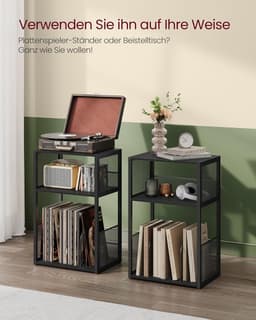 FurnStar – Platenspeler standaard – 3 etages – Opslag tot 100 LP’s – Bijzettafel – Industriële stijl – 30 x 43 x 69 cm – Ebbenhout zwart — thumbnail 5