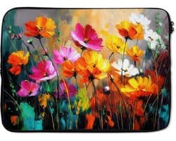 Laptophoes 14 inch - Felgekleurd - Bloemblaadjes - Abstract - Laptop sleeve - Binnenmaat 33x23 cm - Zwarte achterkant