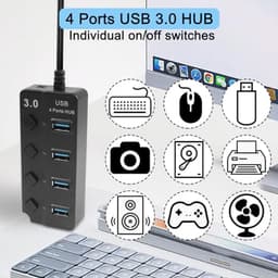 USB 3.0 4-poorts Expander Hub met LED-schakelaars - Draagbare USB-poortextender voor PC en Apparaten — thumbnail 3