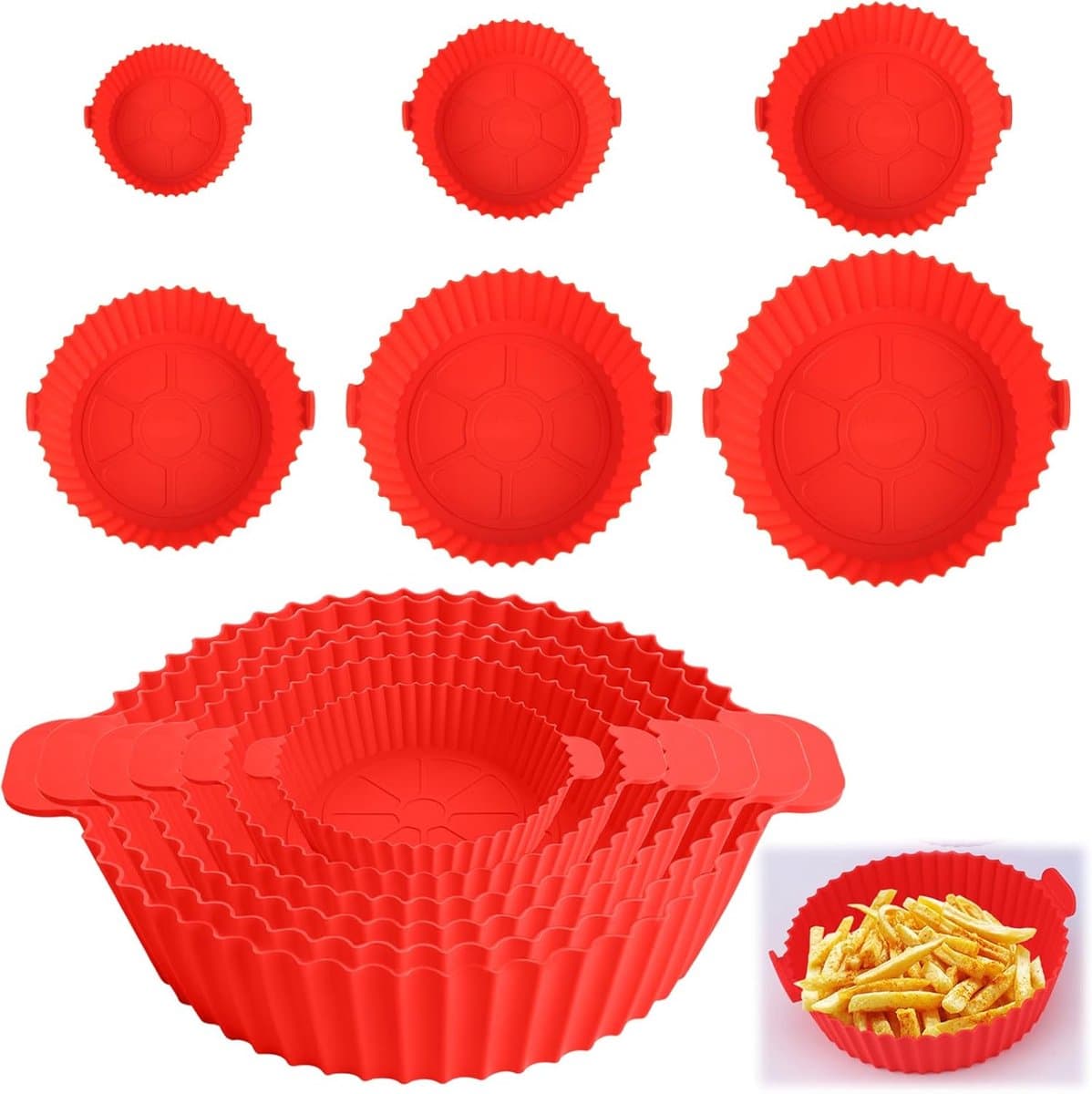 Sander Shop Set van 6 siliconen vormen voor Air Fryer, accessoires voor airfryer met 6 verschillende maten, siliconen bakvorm, opvouwbaar, herbruikbaar, voor gezond koken — afbeelding 1