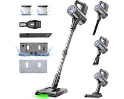 Draadloze 2-in-1 Stofzuiger en Dweil met 40 kPa Zuigkracht, Groen LED Licht, HEPA Filter, 6 Accessoires, Geschikt voor Alle Vloertypes en Dierenharen - Grijs