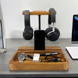 Dubbele Houten Hoofdtelefoonstandaard met Opvangbak - Universele Headset Houder voor Bureau — thumbnail 5