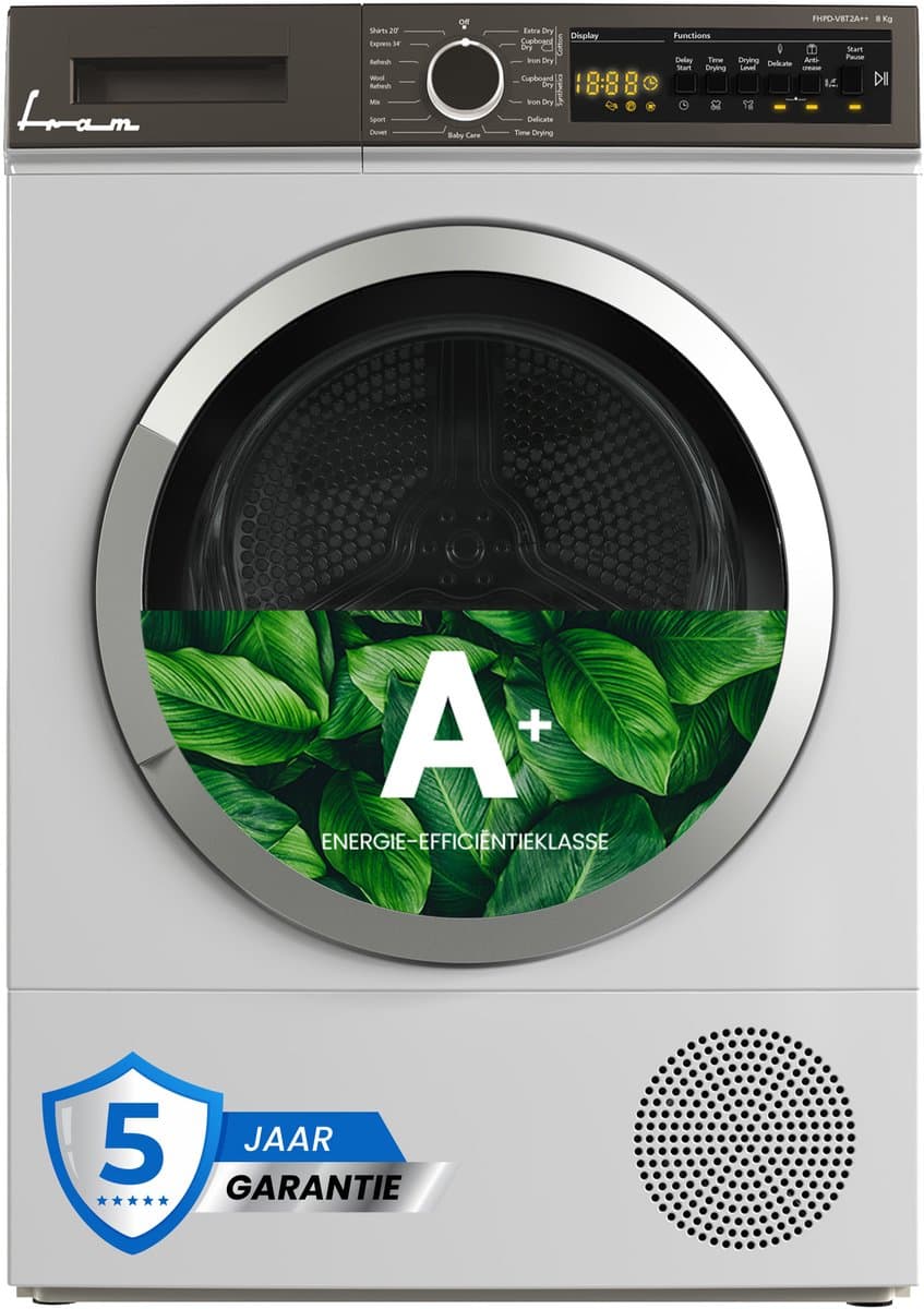 Fram FHPD-V9T2A++ Wasdroger - Warmtepompdroger- 9 kg - 15 Droogprogramma's - LED display - Uitgestelde start – Kinderslot – 5 Jaar Garantie – Wit — afbeelding 1