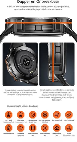 DrPhone ChronaX Max Rugged Smartwatch – 1.73” AMOLED – 100 Dagen Batterij – BT Bellen – SpO2 – GPS Tracking – 100+ Sportmodi – Roestvrij Stalen, PU Leren En Siliconen band - Zwart — thumbnail 5