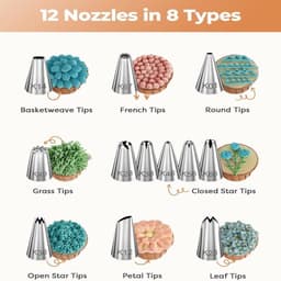 Rozenrode set (totaal 71 stuks) Taartdraaiplateau, Taartdecoratie, Spuitmondjes, Spuitzakken, Botermes, Spatel — thumbnail 5
