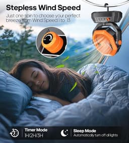 Campingventilator met LED-lantaarn - Oplaadbare 20.000 mAh Ventilator met Afstandsbediening en Haak - 270 Graden Draaibaar en Instelbare Snelheid voor Binnen en Buiten — thumbnail 2