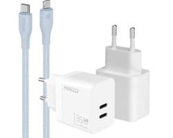 Snellader usb C oplader - Power Delivery GaN adapter met 2 usb C poorten - Geschikt voor iPhone 14 t/m 11 en iPad met Lightning kabel - Dubbele usb C oplader voor telefoon en tablet