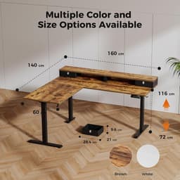 Elektrisch Staand Bureau L-Vormig met Laden 160x140 cm – In Hoogte Verstelbaar Hoekbureau met Opbergruimte, Ergonomisch Zit-Sta Bureau voor Thuiskantoor – Massief Bruin Hout & Stalen Frame – HomeByNicole — thumbnail 2