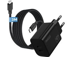Phreeze usb C snellader geschikt voor iPhone en iPad - Met usb C naar Lightning kabel 3 meter - GaN snellader met 2 usb C poorten - 20w 20 watt usb c power adapter