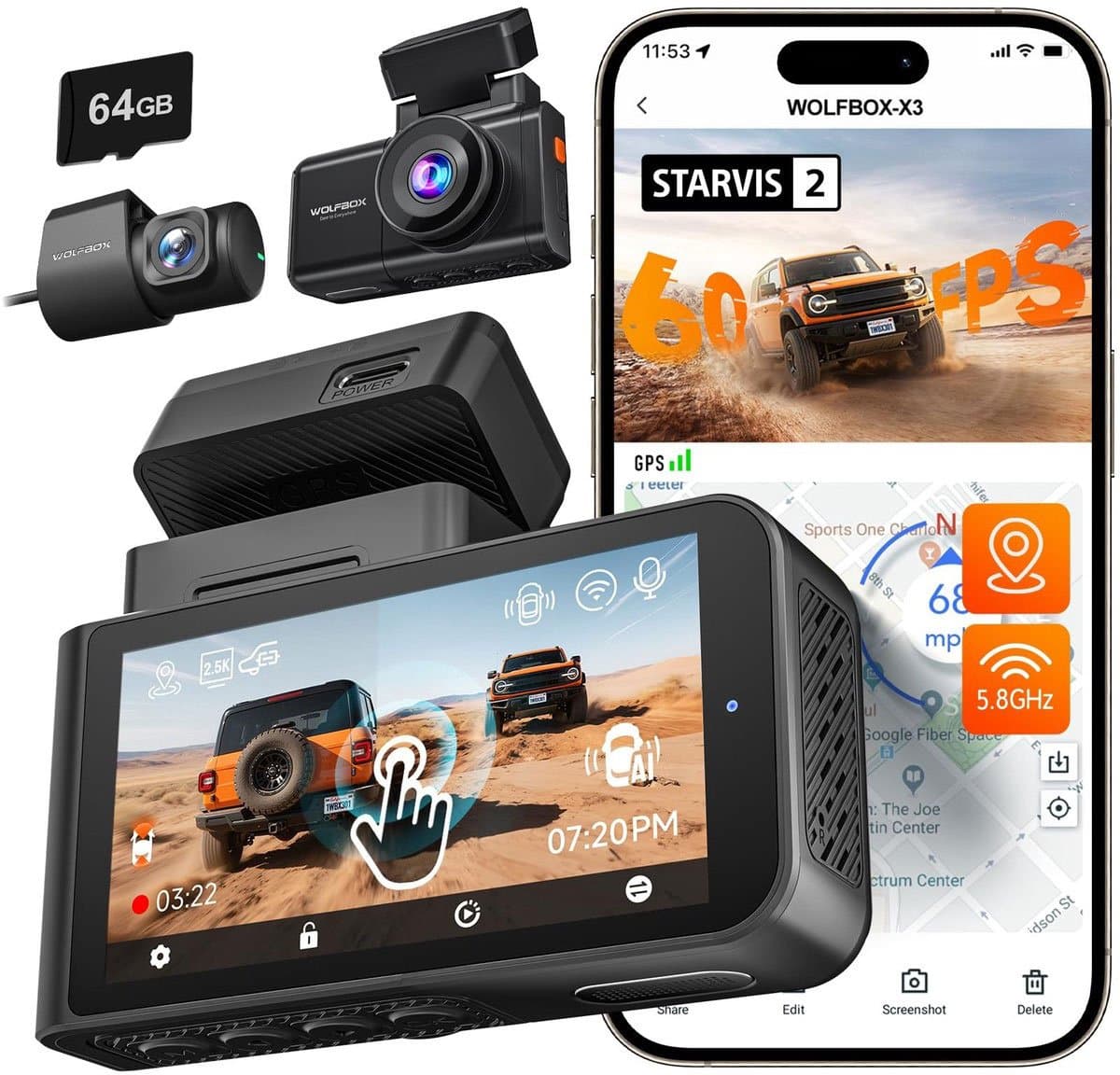 Wolfbox X3 Touch 3CH 2K Wifi Gps 64gb dashcam - Camera voor + achter - 3,0 inch touchscreen Lcd - Wifi en Gps - Parkeermodus - 2K resolutie - 64gb Micro SD kaart - dashcam voor auto — afbeelding 1