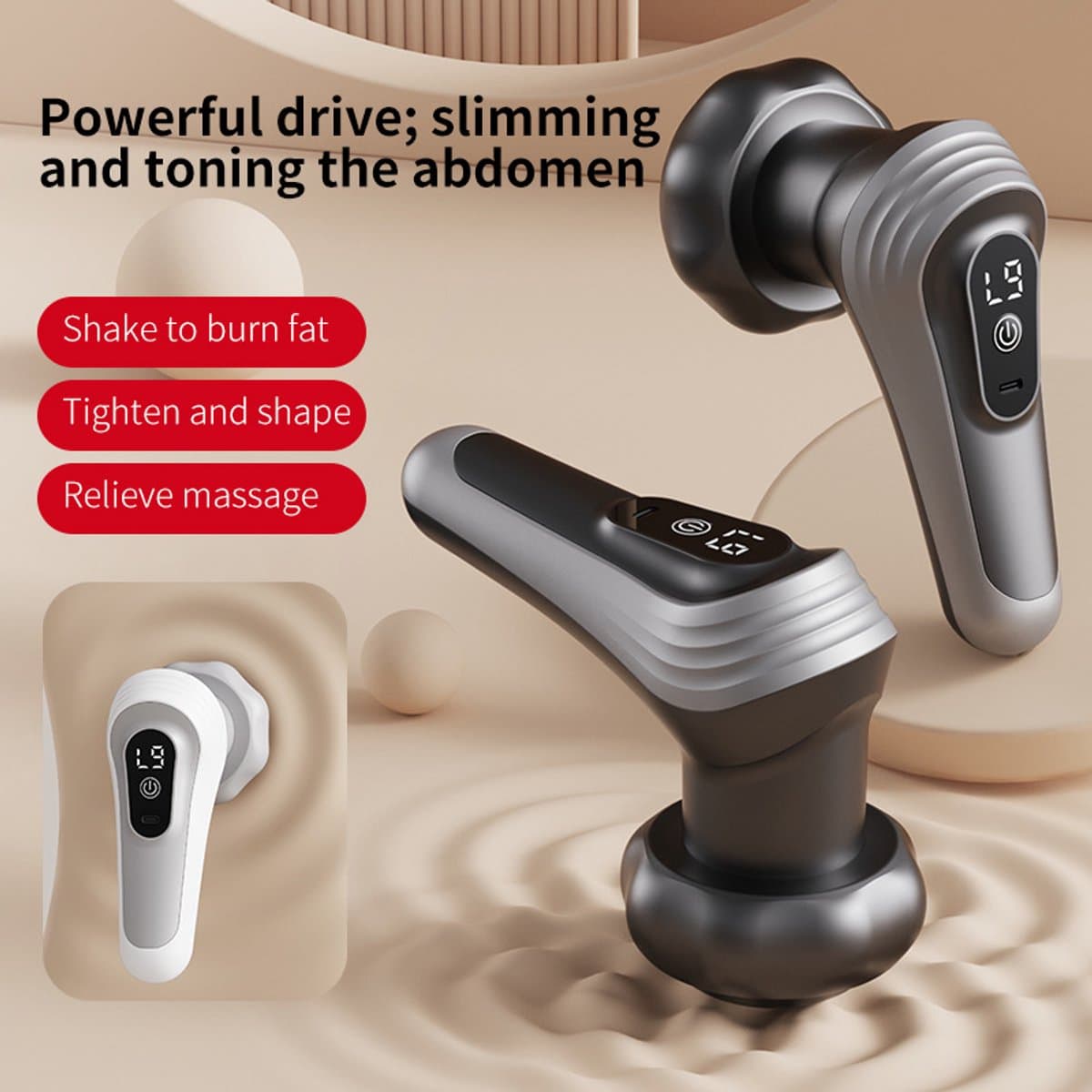 Zwarte fascia massager, full-body massager, kan worden gebruikt om de huid te verstevigen. Het is uitgerust met vijf vervangbare massagekoppen om aan verschillende massag behoeften te voldoen, met 9 niveaus van intensiteitsregeling. — afbeelding 1