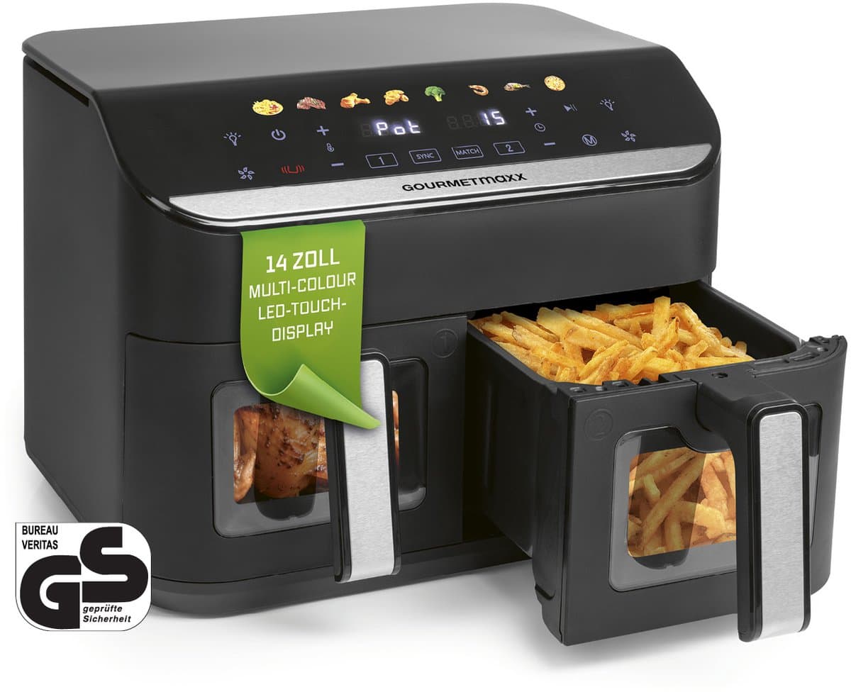GOURMETmaxx AirGenius heteluchtfriteuse 9L met 2x4,5L kamers en 8 programma’s – geschikt voor 8 personen – touchscreen bediening — afbeelding 1