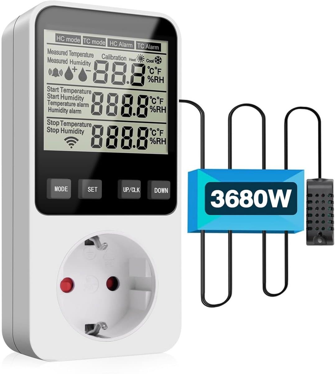 230V Temperatuur en Vochtigheidsschakelaar met Sensor voor Verwarming en Koeling - Thermostaat Socket — afbeelding 1