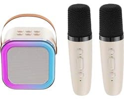 Mini Karaoke Machine voor Volwassenen, Luidspreker met LED Lichten en 2 Draadloze Microfoons, Zang Luidspreker met Microfoon, Draadloze Luidspreker