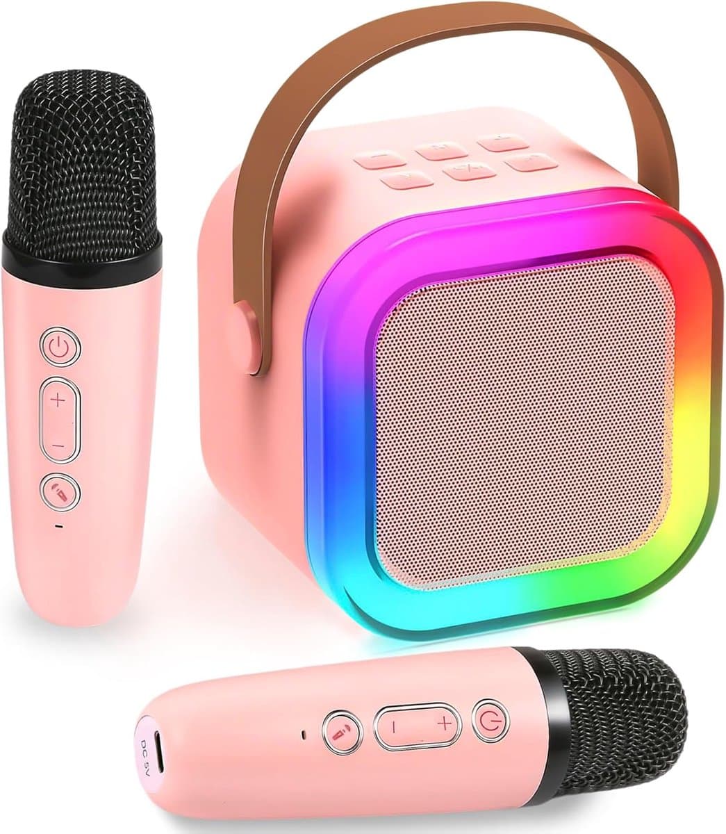 Kinder Karaoke Machine met 2 Microfoons, Draadloze Bluetooth Luidspreker met Stemverander Effecten & LED Lichten, Draagbare Bluetooth Luidspreker voor Kinderen Volwassenen — afbeelding 1