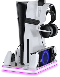 PlayCool all-in-one Multifunctionele RGB Oplaadstation- en Displaystandaard Geschikt voor PlayStation 5/ PS5 Slim/ PS5 Pro (Disc & Digital) & PlayStation Portal (incl. Screen Protector) - DualSense (Edge) controller — thumbnail 1