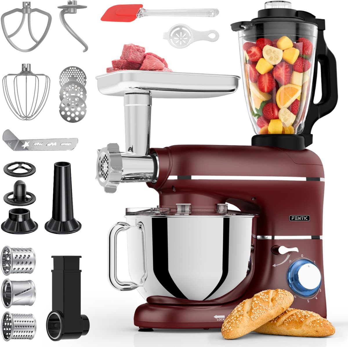Fentic Keukenmachine – 2000W – Keukenrobot – Foodprocessor - 6,2L Mengkom – Incl. Vleesmolen, Blender en extra Accessoires – Rood — afbeelding 1