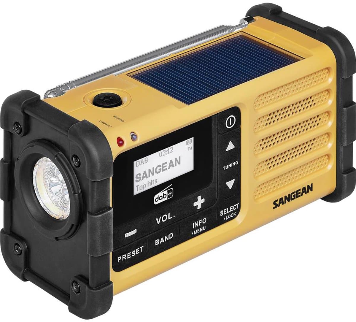 Sangean MMR-88 DAB+ Outdoorradio DAB+, VHF (FM) Noodradio Acculaadfunctie, Zaklamp, Zonnepaneel, Handslinger Zwart, Gee — afbeelding 1