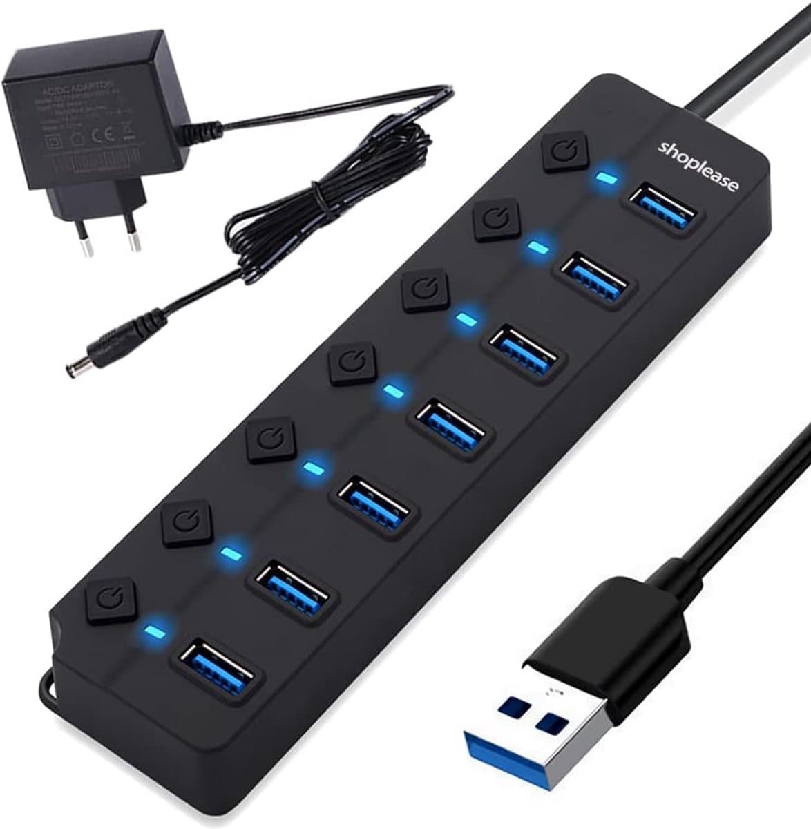 USB 3.0 Splitter 7 Poorts met 5V/2A Adapter en Individuele Aan/Uit-schakelaar — afbeelding 1