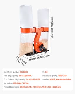 VEVOR Stofafzuigsysteem, 2634,47 M³/U, 2,5 Micron Spaanafzuigsysteem, 3,0 pk Zaagselafzuigsysteem met Twee Stofzakken van 132,5 L en Twee Filterzakken van 159 L, 2800 Tpm, Non-Woven Stof — thumbnail 2