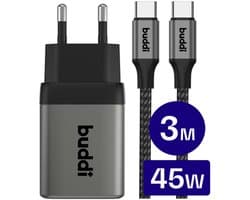 Buddi Power 45W Oplader met 3 Meter USB-C Kabel | USB-C Adapter en Kabel | Fast Charge en GaN | Snellader voor Smartphone en Tablet | Compact en Stevig | Grijs