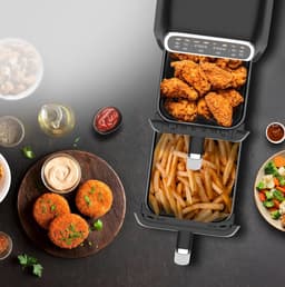 Heteluchtfriteuse Dubbele Mand - Airfryer Keukenapparaat - Gezond Koken - Dubbele Capaciteit 8L - 30x46x48cm - Zwart — thumbnail 2