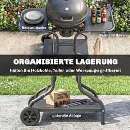 Premie Houtskool Barbecue - Houtskoolgrill met Rookfunctie - Grillrooster - Grilloppervlak Ø54 cm - met Bijzettafels, Deksel, Thermometer en Wielen - BBQ voor Kamperen, Buiten, Tuin - 129 x 63,5 x 106,5 cm - Zwart — thumbnail 5