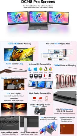 Blackview DCM8 Pro 15,3" dubbele draagbare Laptopmonitor FHD - Ultradun 4,6mm & Lichtgewicht 1,2kg - 100% sRGB-USB-C aansluiting via één kabel – inclusief kabels en beschermhoes-Blauwlichtfilter- Luidsprekers - Grijs — thumbnail 4
