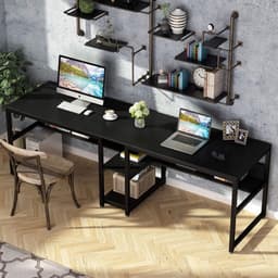 Van Elmont Bureau - Dubbel Lang Bureau voor twee personen met opbergruimte - Computerbureau - Computertafel - Metaal / Hout - Industrieel Design - Bureautafel voor Thuiskantoor - Zwart - 60 x 200 x 75 cm - voor Gamen - Studeren en Werken — thumbnail 4