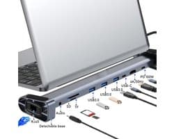 USB-C laptop dockingstation met standaard, 10-in-1 opvouwbare en kantelbare standaard, ondersteunt drie schermen, USB-C-poort, ondersteunt 4K-resolutie, PD 100W snelladen, USB 3.0, TF-kaartsleuf, SD-kaartsleuf, audio-interface, RJ45 Ethernet-poort.