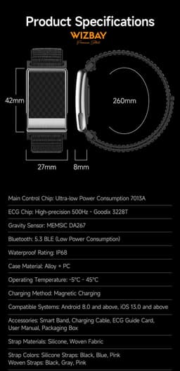 WizBay Premium Select® Smart Bracelet - Screenloze Gezondheidsarmband - ECG - HRV - Hartslag - Zuurstof - Temperatuur - Glucosetrends - BMI - iOS en Android - IP68 - Zilver Rosé — thumbnail 2