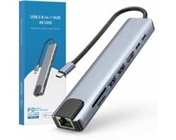 USB-C Hub - 8-in-1 Docking Station - 2x USB-A - 1x HDMI 4K - 1x USB-C 5Gbps - 1x Ethernet 100mbps - 1x USB-C PD 100W - USB Hub Laptop - SD/TF Kaarlezer - Grijs