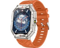 Knobbout 2.1” (3.4*4.2cm) Groot Outdoor Smartwatch – Barometer, LED-Zaklamp- Bluetooth Bellen- Kompas & Hoogtemeter- AI spraakassistent -Hartslag & SpO₂ - 650mAh Batterij - 1ATM Waterdicht - Oranje siliconen horlogeband