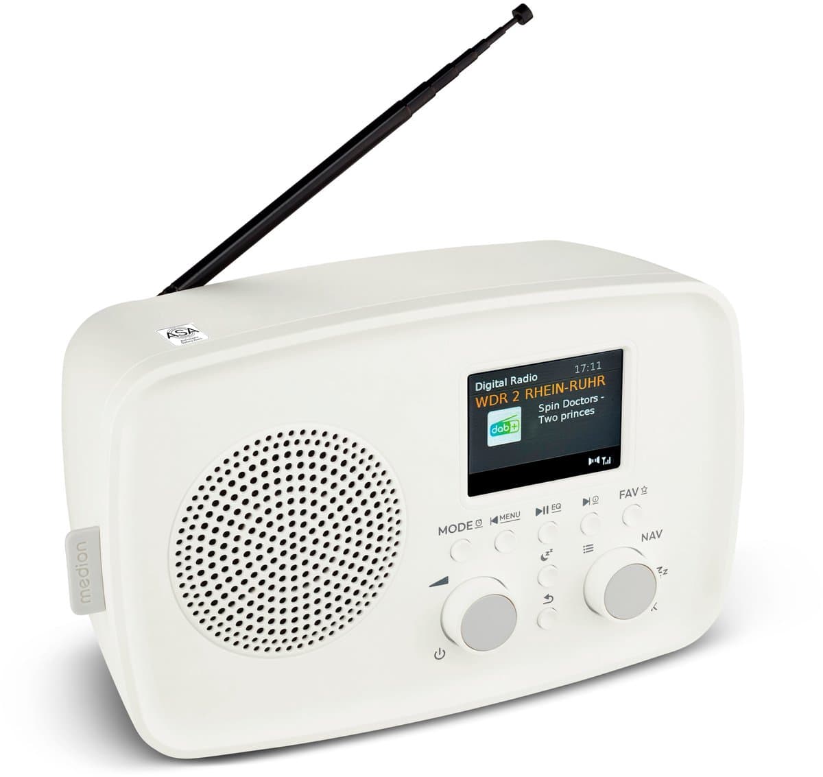 MEDION DAB+ radio met Bluetooth DRE-1 (DAB Plus, FM-radio, druppelbescherming, telescoopantenne, wekker, sluimerfunctie, instelbare display-dimmer, ASA-noodwaarschuwingssysteem), wit — afbeelding 1