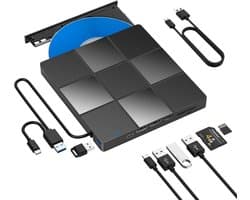 External CD-DVD Drive Brander USB 3.0 LMEN Portable Externe CD DVD+RW Speler Writer en SD/TF Card Reader, External DVD ROM-Station Geschikt Geschikt voor Mac OS, Laptop, PC Windows 11/10/8/7/XP/Vista/Linux, Zwart