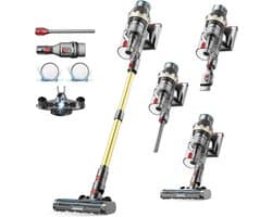 NETTLIFE Steelstofzuiger - Akku - 550W - Draadloos - 45Kpa - met LED-Touchscreen - 60min gebruiktijd - geel - met Anti-klitborstel en borstelloze Motor - 2 in 1 vloerwisser - Accustofzuiger met zelfstaande functie - voor Harde vloeren | Tapijt