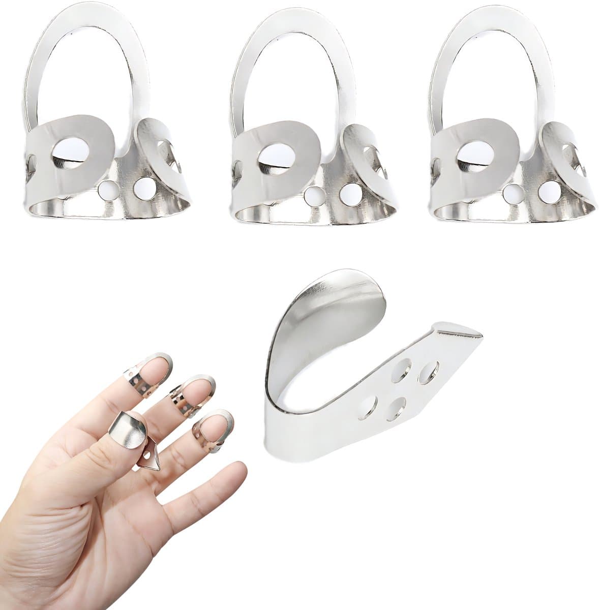 Somstyle Finger Picks Vingerplectrum Set - 4 Stuks - Plectrum voor Gitaar - RVS - Duimplectrum - Zilverkleurig — afbeelding 1