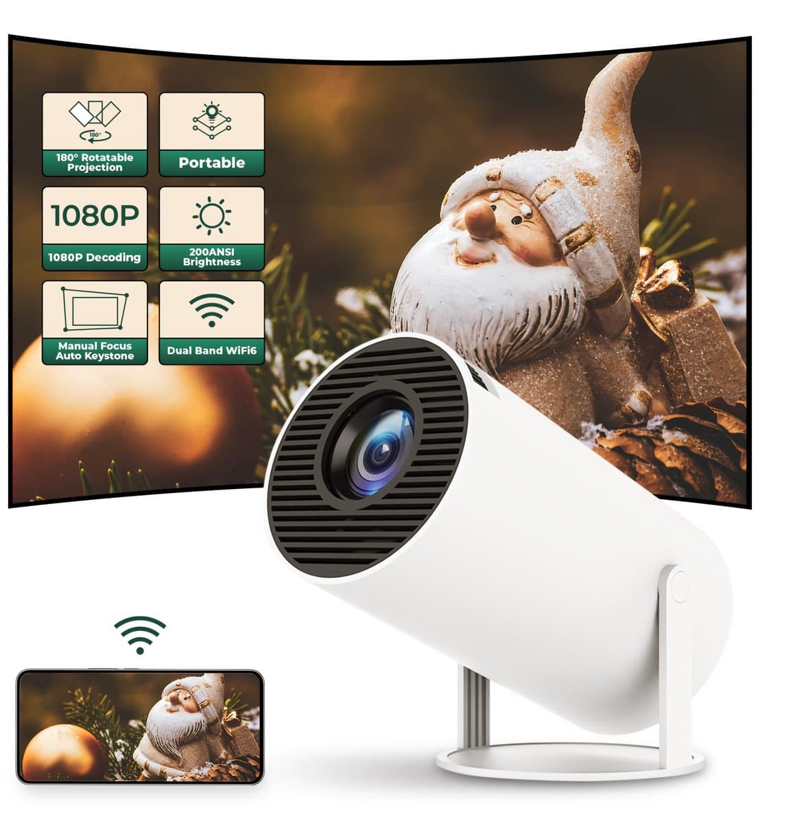Mini-projector | HY300 Slimme 4K Beamer met Android TV | 5G WiFi Schermspiegeling | 360° Surround Sound | Geschikt voor iOS, Android, HDMI & USB | Voor Thuis- en Buitenbioscoop — afbeelding 1