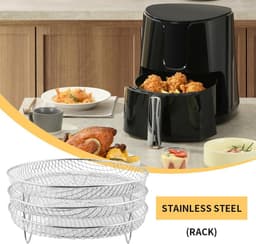 Airfryer-accessoires, 3-laags stapelbare droogrekken, roestvrijstalen Airfryer-mandlade Droogrek met olieborstel, voedselclip en verhogingsvoetjes, 304 RVS grillrek past op 4,2-5,8 QT Airfryer, oven — thumbnail 4