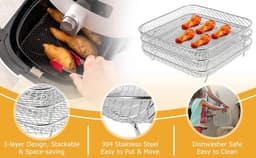 3-laags Airfryer-rek ,Vierkant Airfryer-grillrek, RVS grill-dehydratorrek ,Stapelbaar Airfryer-mandje, met 8 siliconen voetjes 1 anti-verbrandingsclip, voor Airfryer-bakken en koken — thumbnail 3