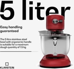 Klarstein Keukenmachine Chiara 1600W – 5L rvs-kom, 12 Geschwindigkeiten, LCD Touch Display, ≤72 dB, vaatwasmachinebestendig Patisserie Set, Aluminium gegoten behuizing, rood - Keukenmachine - 12 Snelheden - voor Keuken - LED RVS-Kom Garde — thumbnail 3